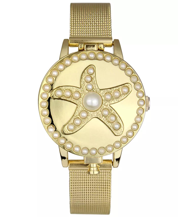 Women's Imitation Pearl Starfish Cover Gold-Tone Mesh Bracelet Watch 32mm