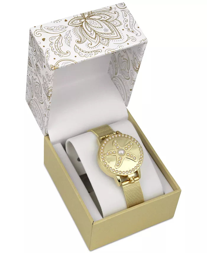 Women's Imitation Pearl Starfish Cover Gold-Tone Mesh Bracelet Watch 32mm