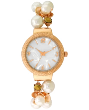 Womens Rose Gold-Tone Crystal and Imitation Pearl Stretch Watch 32mm