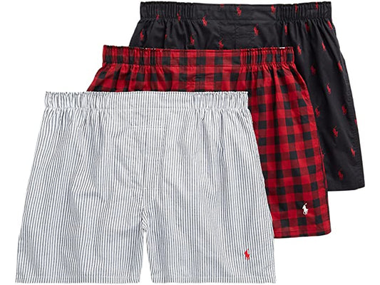Men's Polo Ralph Lauren Assorted 3-Pack Woven Cotton Boxers Stripe/plaid/black, X-Large